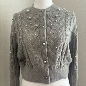 Goelia Gray Cardigan with Pearl Accents NWT